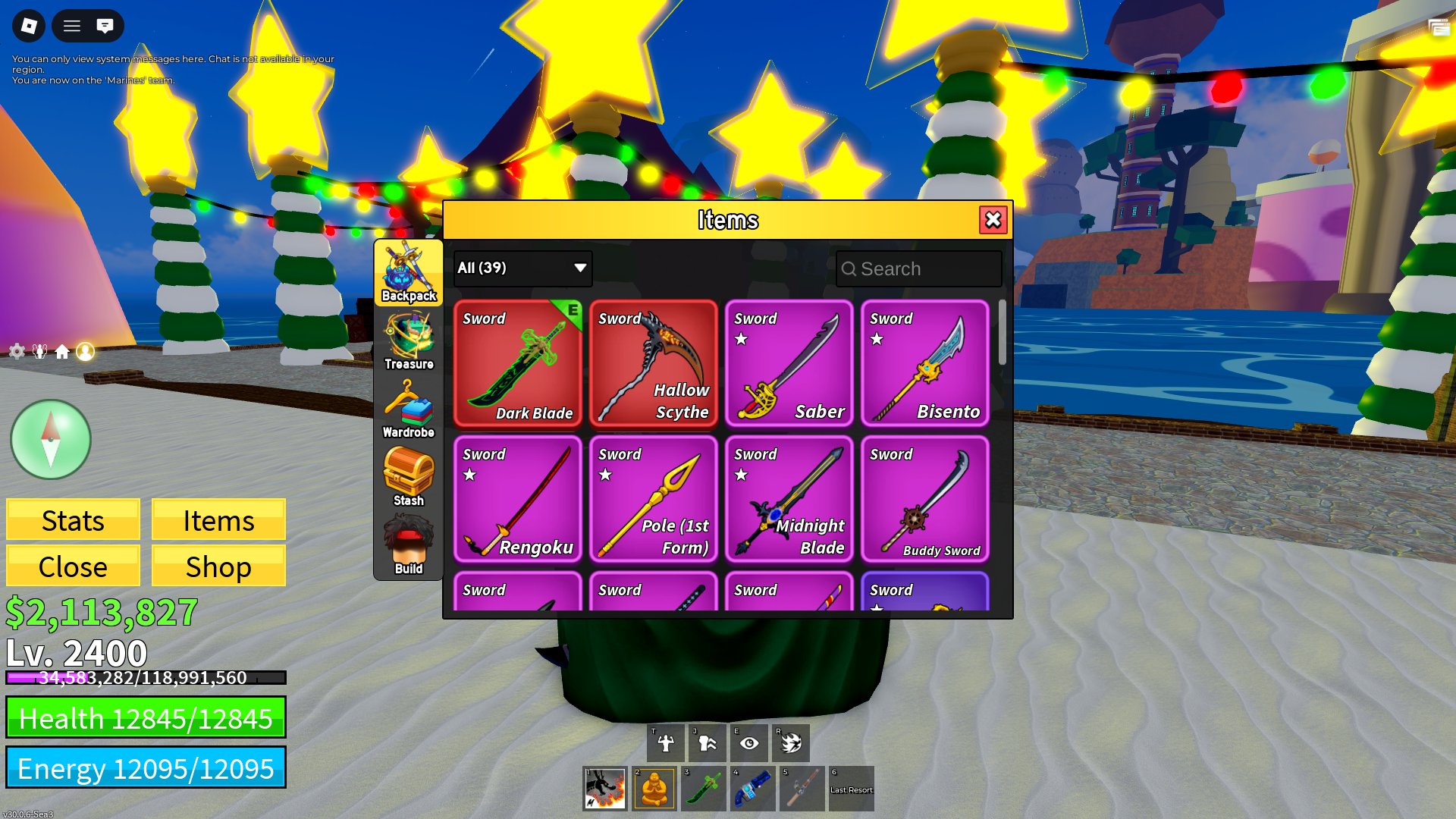 A boy's account with a total donation of 55k, leveling up in Fish and Blox Fruit Slide 2