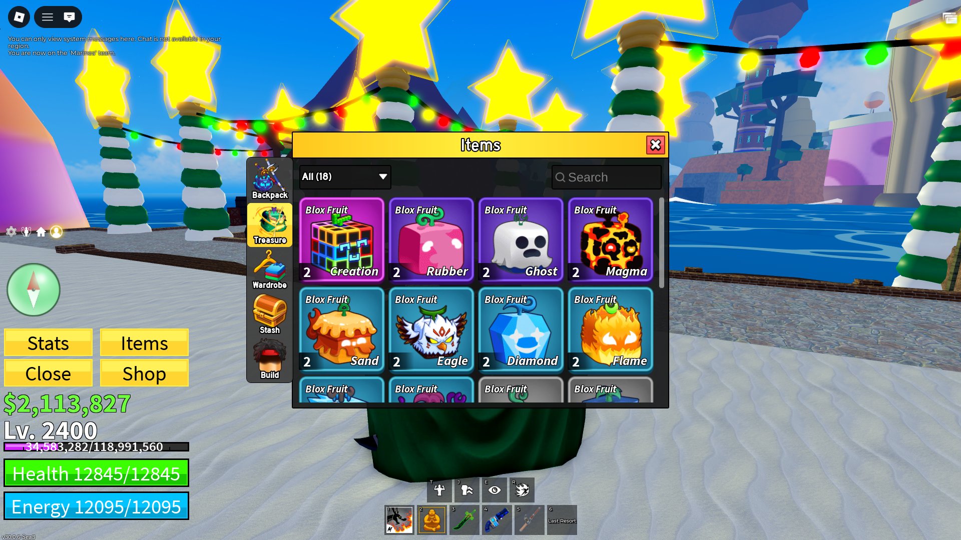 A boy's account with a total donation of 55k, leveling up in Fish and Blox Fruit Slide 1