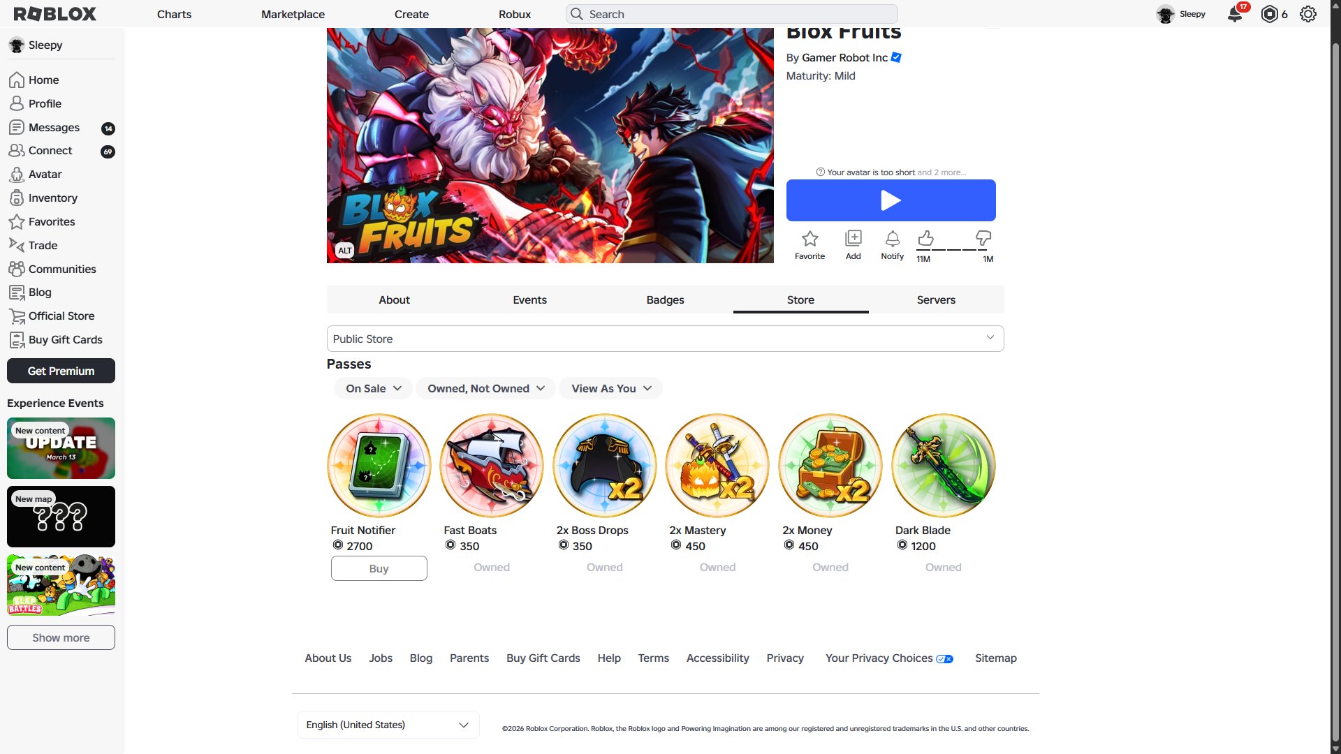 A boy's account with a total donation of 55k, leveling up in Fish and Blox Fruit Slide 4