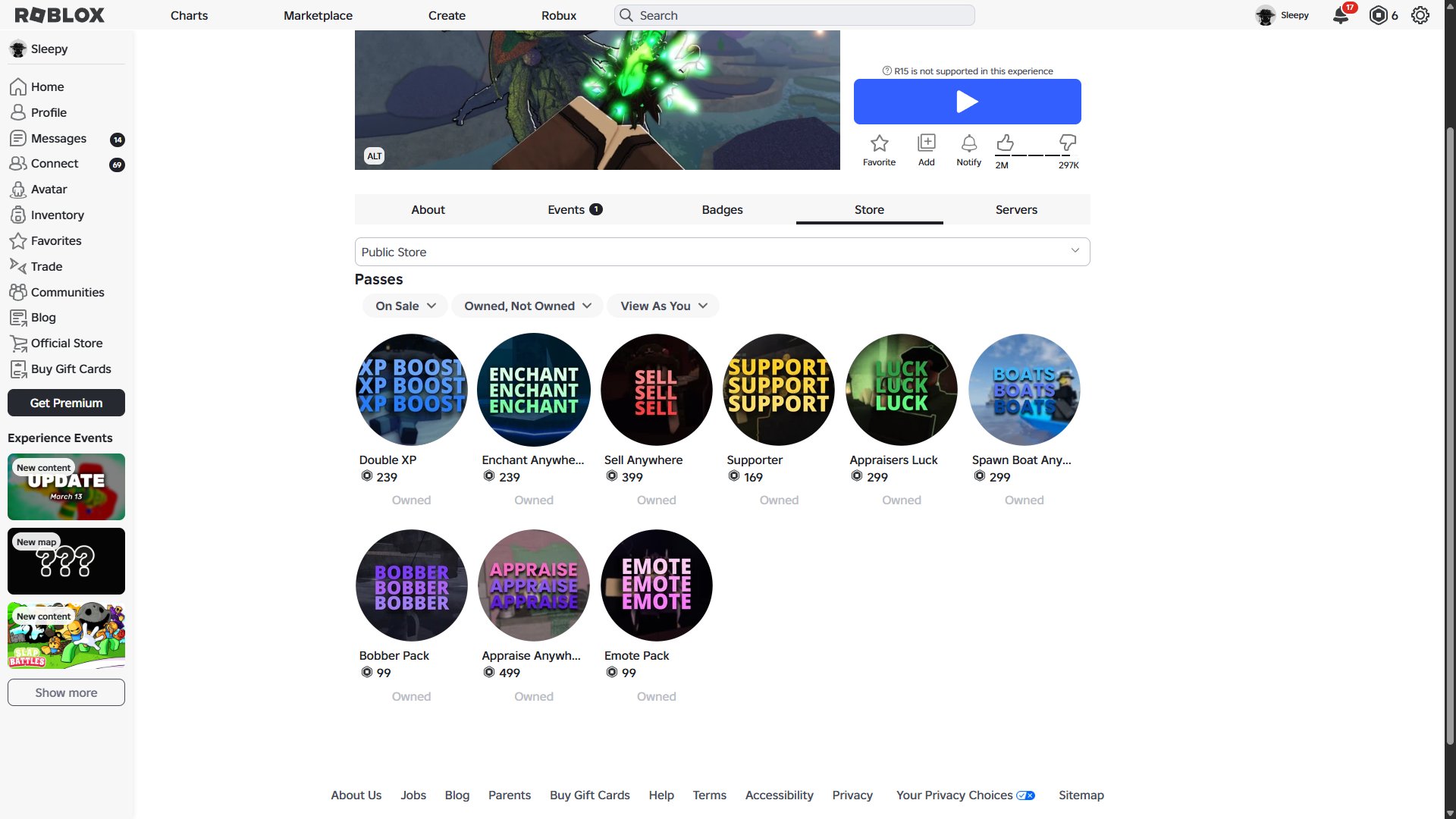 A boy's account with a total donation of 55k, leveling up in Fish and Blox Fruit Slide 3